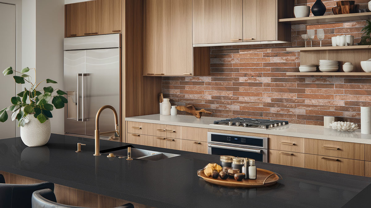 Brickstone Red Brick 2x18 backsplash in a kitchen