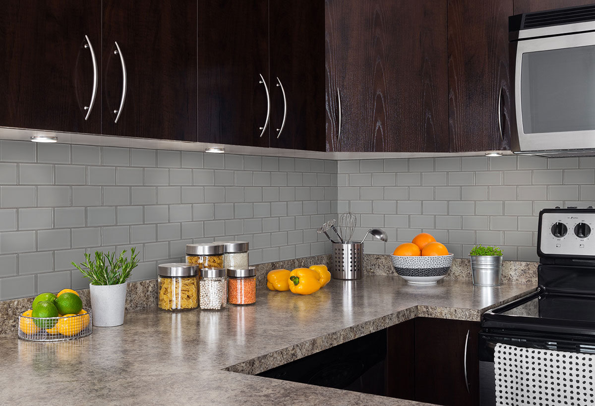 Oyster Gray Subway Tile 2x4 backsplash installed