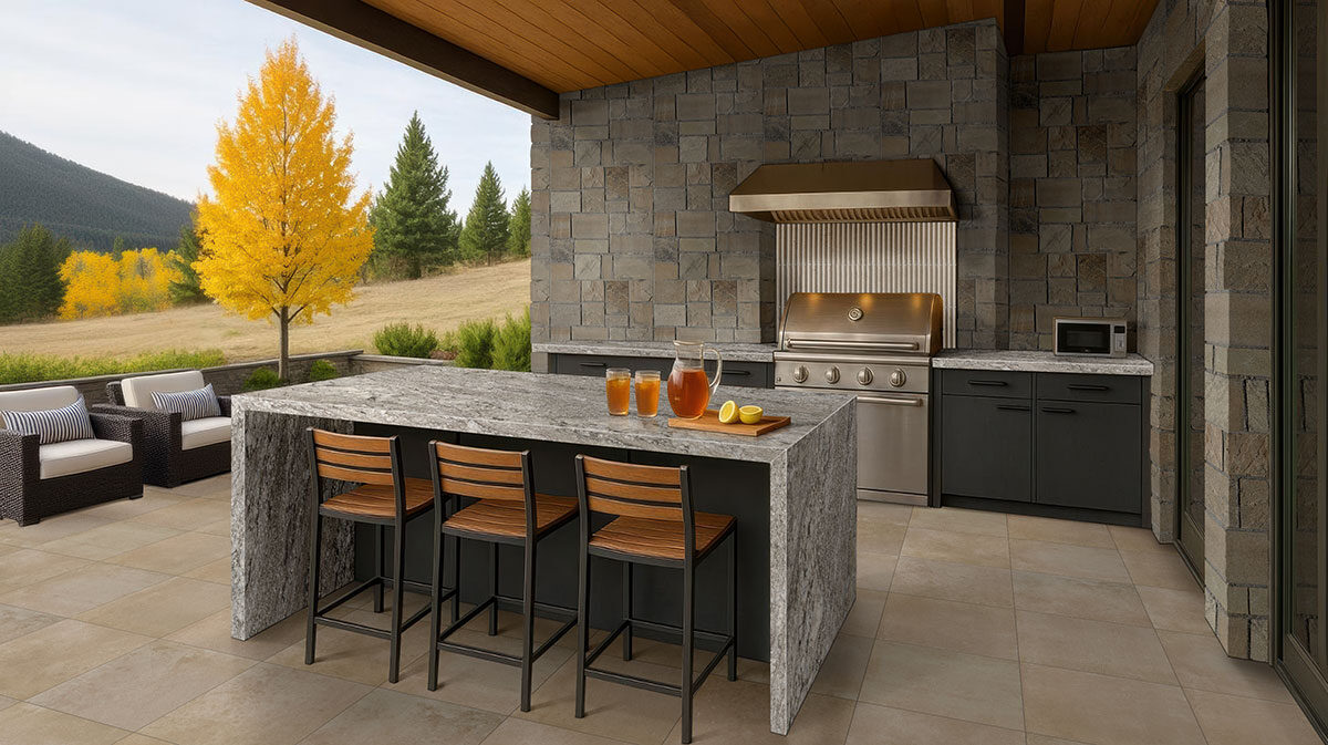 Azul Celeste Granite countertop in a outdoor hardscape