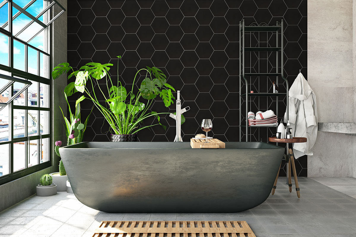 Graphite Hexagon Tile backsplash installed — view 4