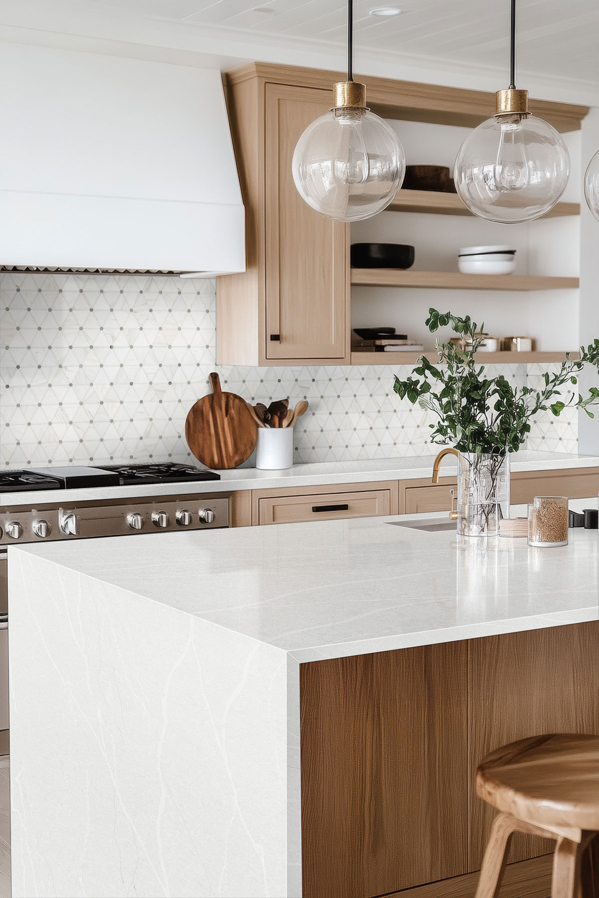 Bianco Dolomite Pinwheel Polished Marble Mosaic Tile backsplash in a kitchen — view 2