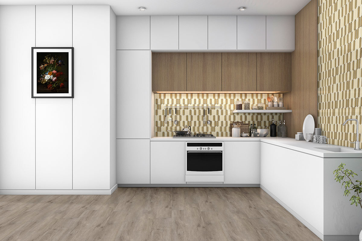 Pixie Gold 6mm backsplash installed — view 2