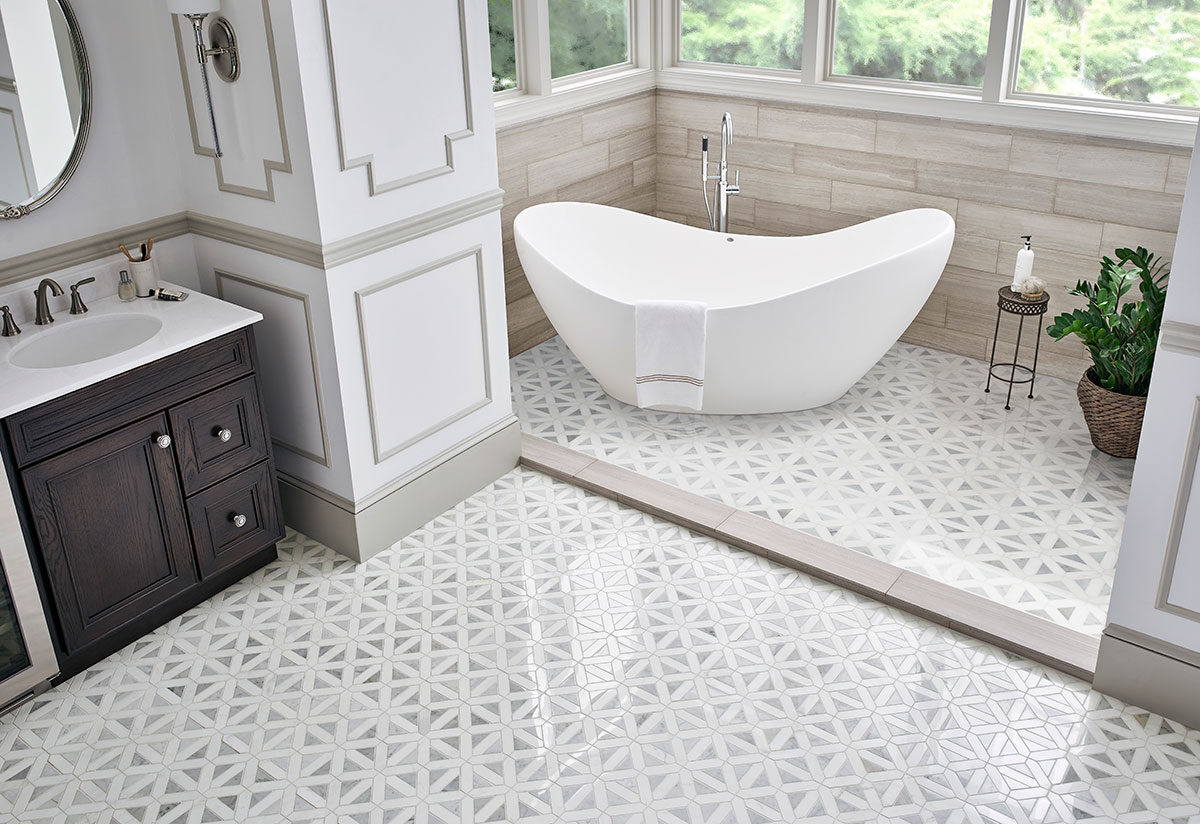 Bianco Dolomite Geometrica Polished Tile backsplash installed