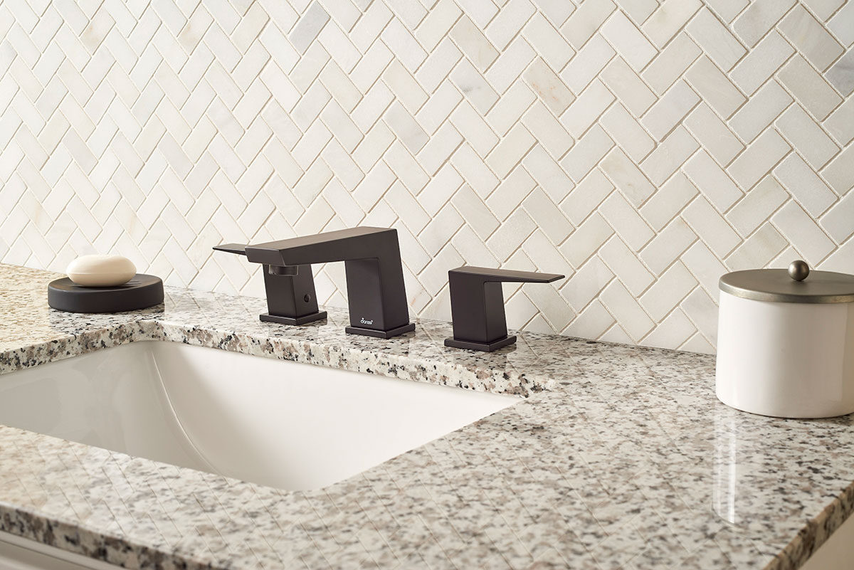 Greecian White Herringbone Pattern backsplash installed — view 4