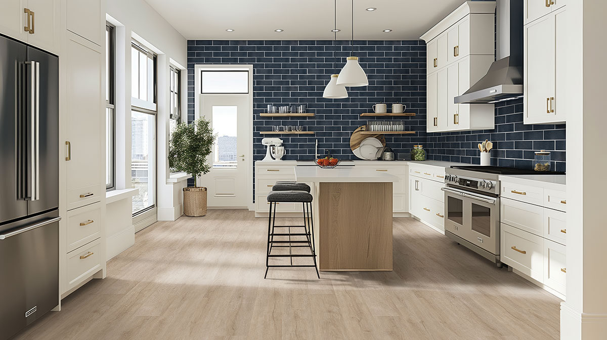Bay Blue Glazed Handcrafted 4x12 Tile backsplash installed — view 2