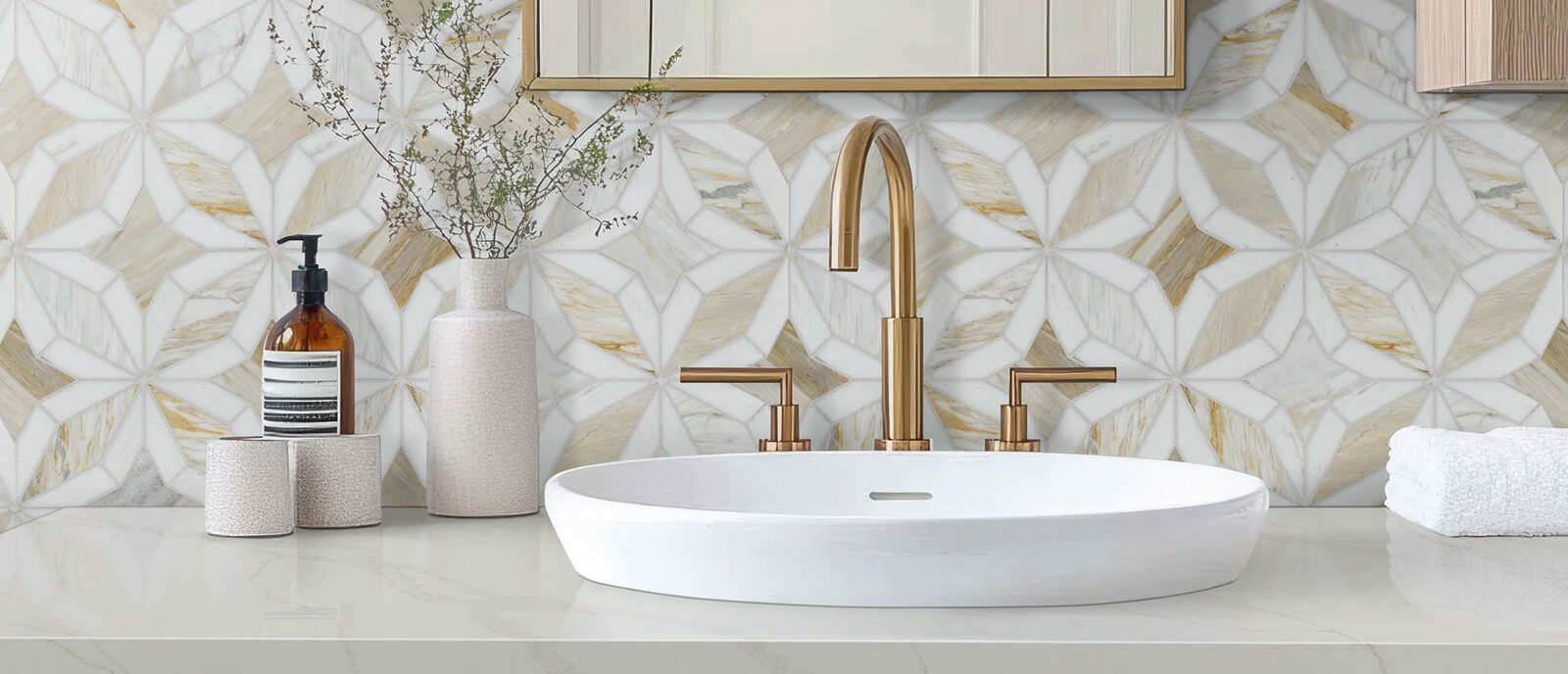Calacatta Elysio Quartz countertop in a bathroom