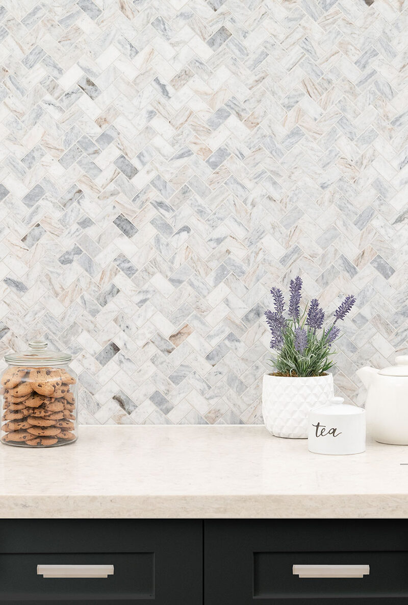 Capri Blue 1x2 Herringbone Honed Subway Tile backsplash installed