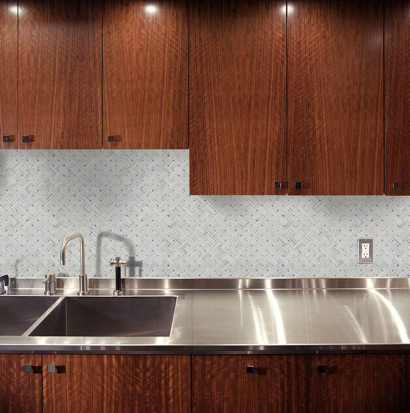 Carrara White Basketweave Pattern Polished Tile backsplash installed