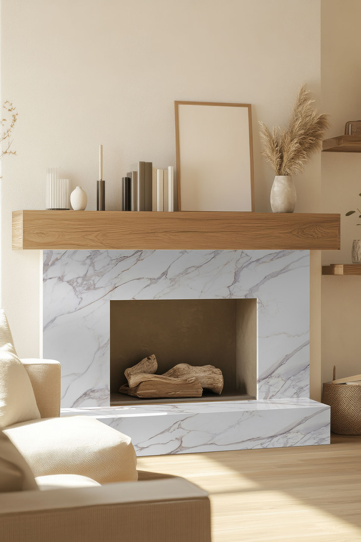 Calacatta Fiorella backsplash in a living room