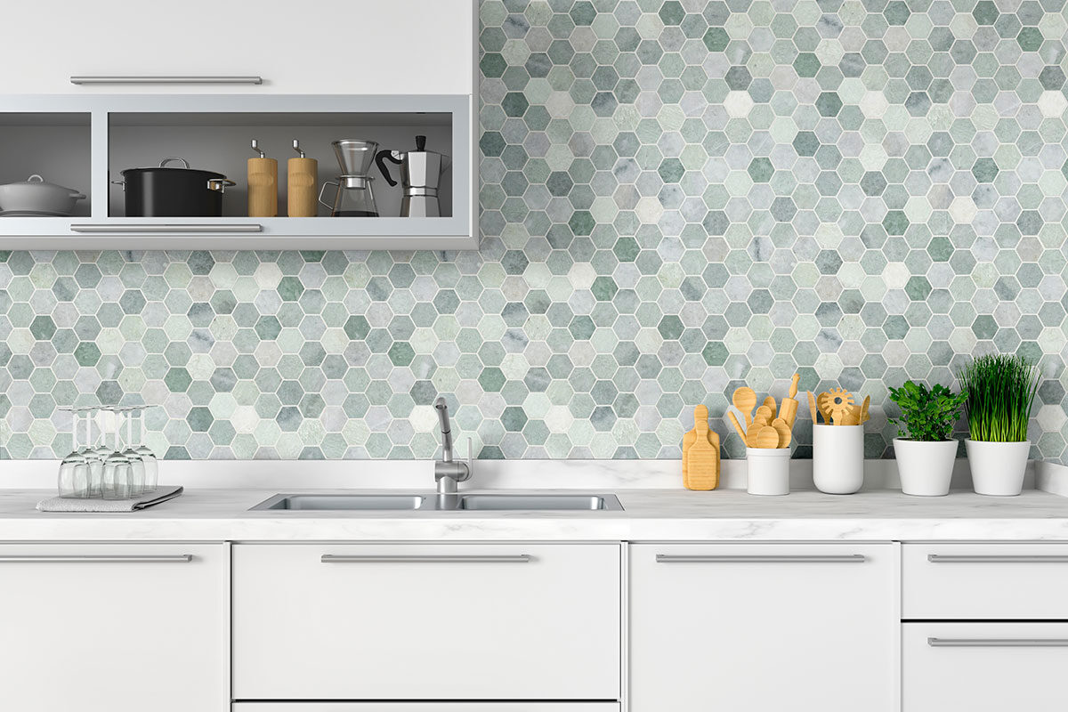 Icelandic Green 2" Hexagon Mosaic Tile backsplash installed — view 2