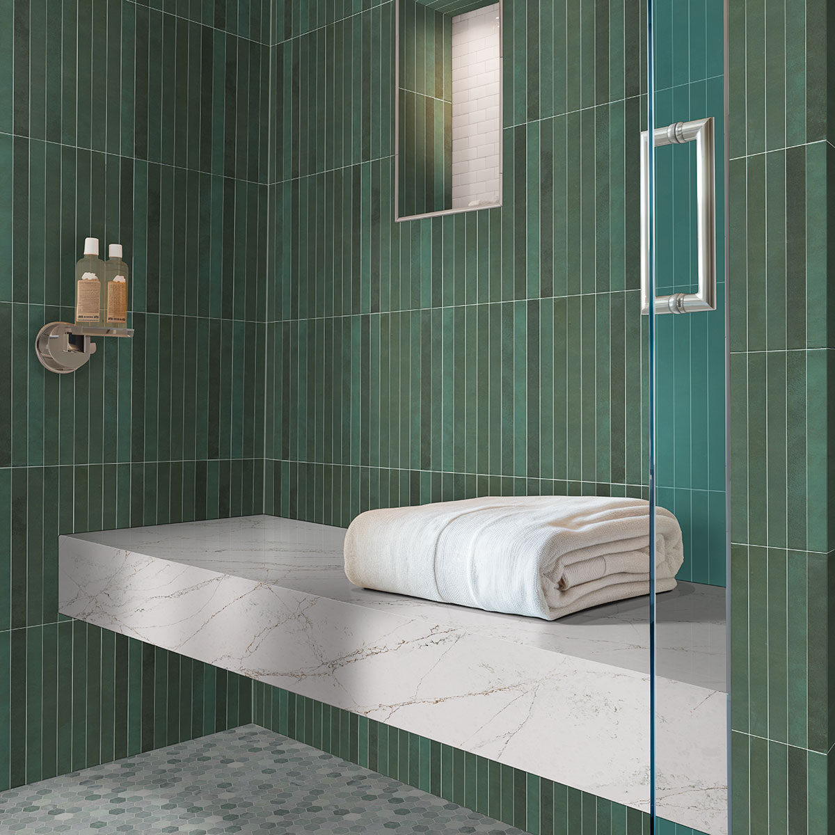 Icelandic Green 2" Hexagon Mosaic Tile backsplash in a bathroom