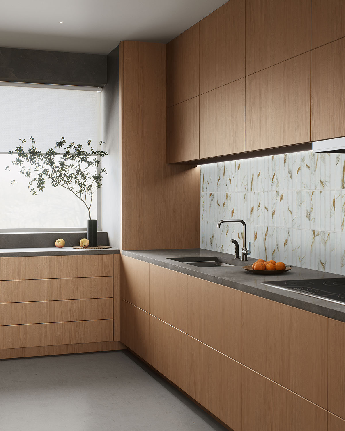 Calacatta Gold Matte 1x6 Stack Pattern backsplash in a kitchen