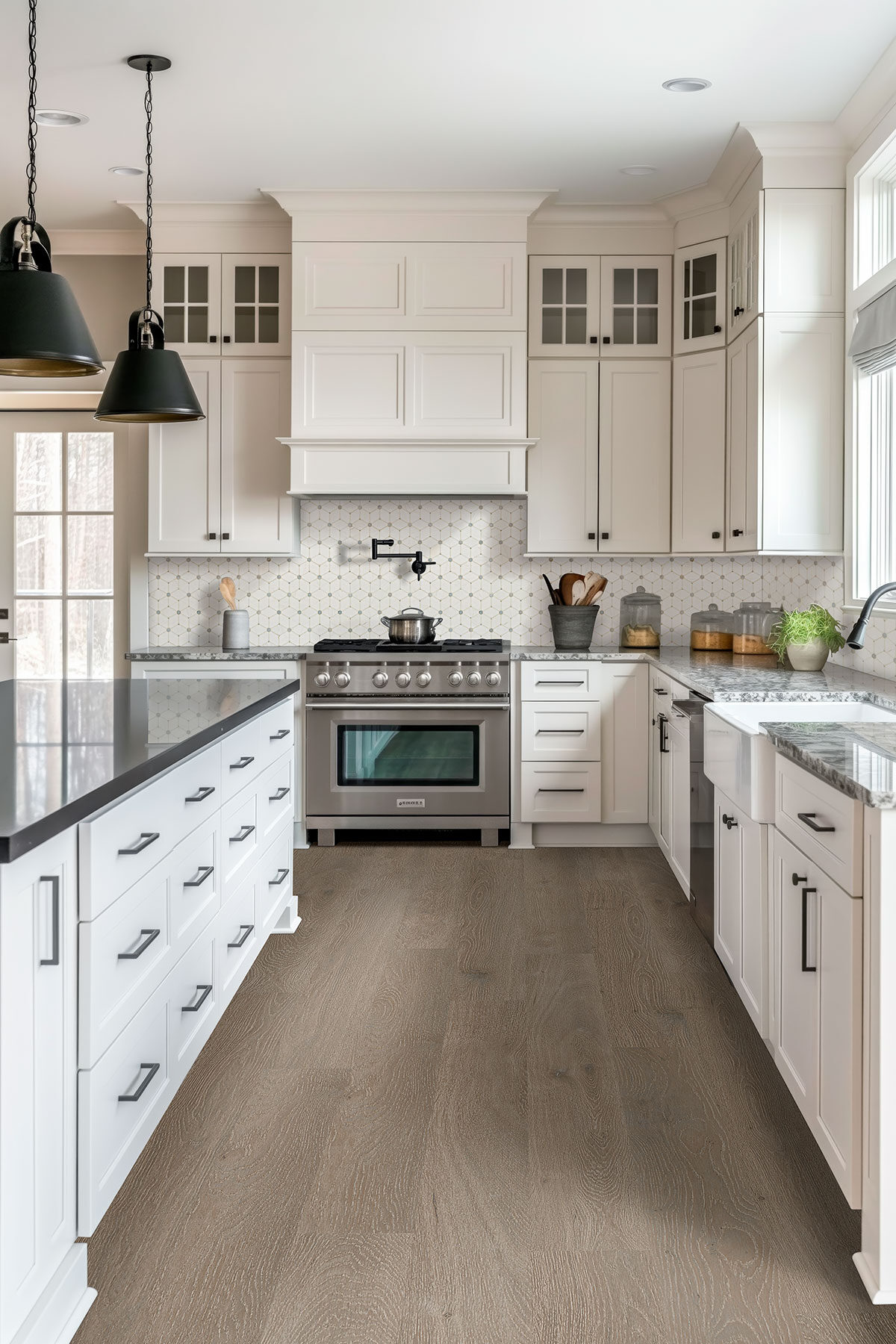Cecily Grigio Polished Marble Tile backsplash installed — view 2