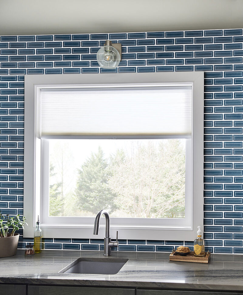 Bay Blue Beveled Tile 2x6 backsplash installed