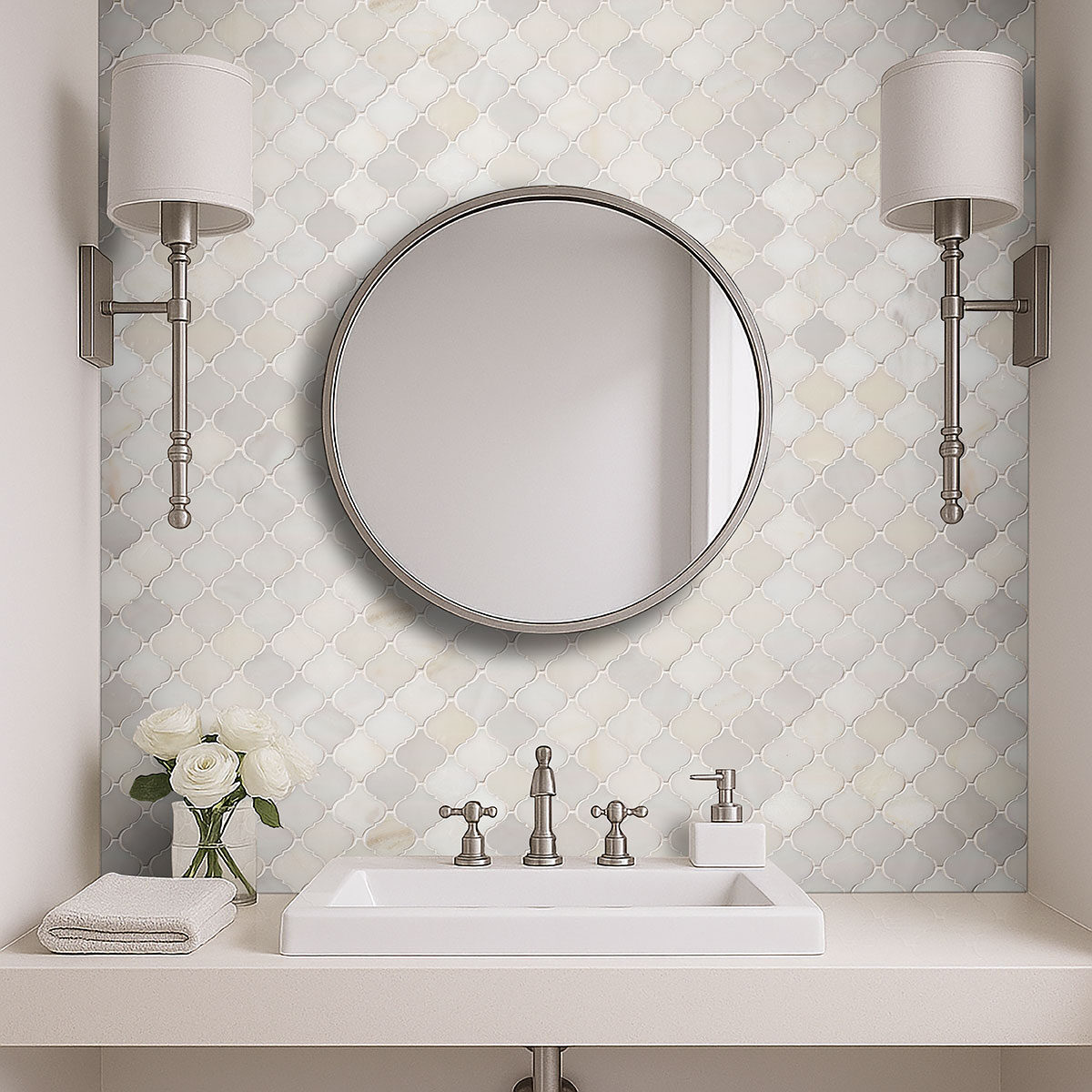 Greecian White Arabesque Tile backsplash in a bathroom
