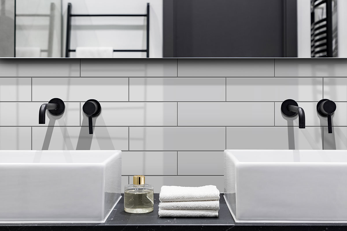 White 2x8 Glossy backsplash installed — view 3