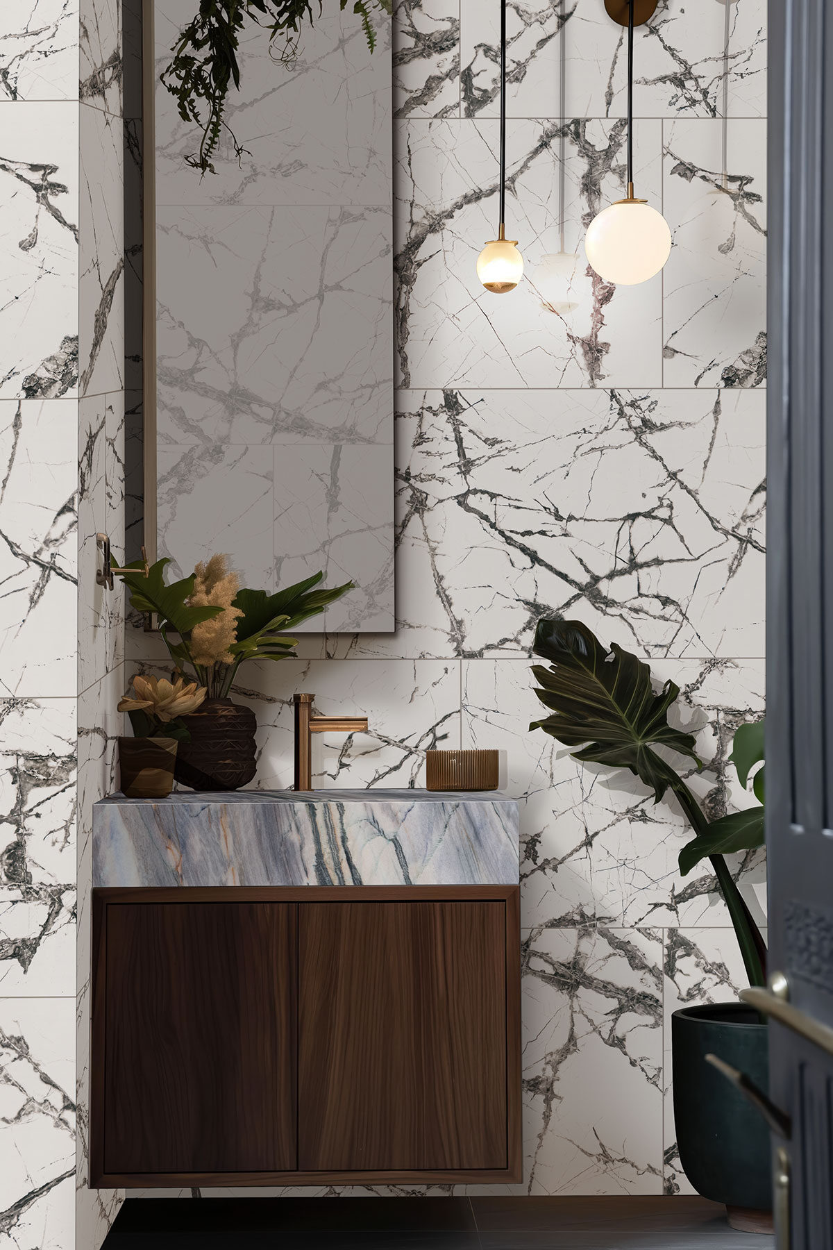 Azul Imperiale Quartzite countertop in a bathroom