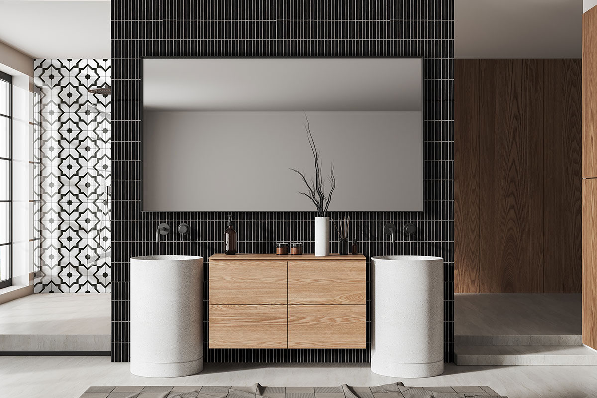 Black Matte 1x6 Stack Pattern backsplash installed — view 2