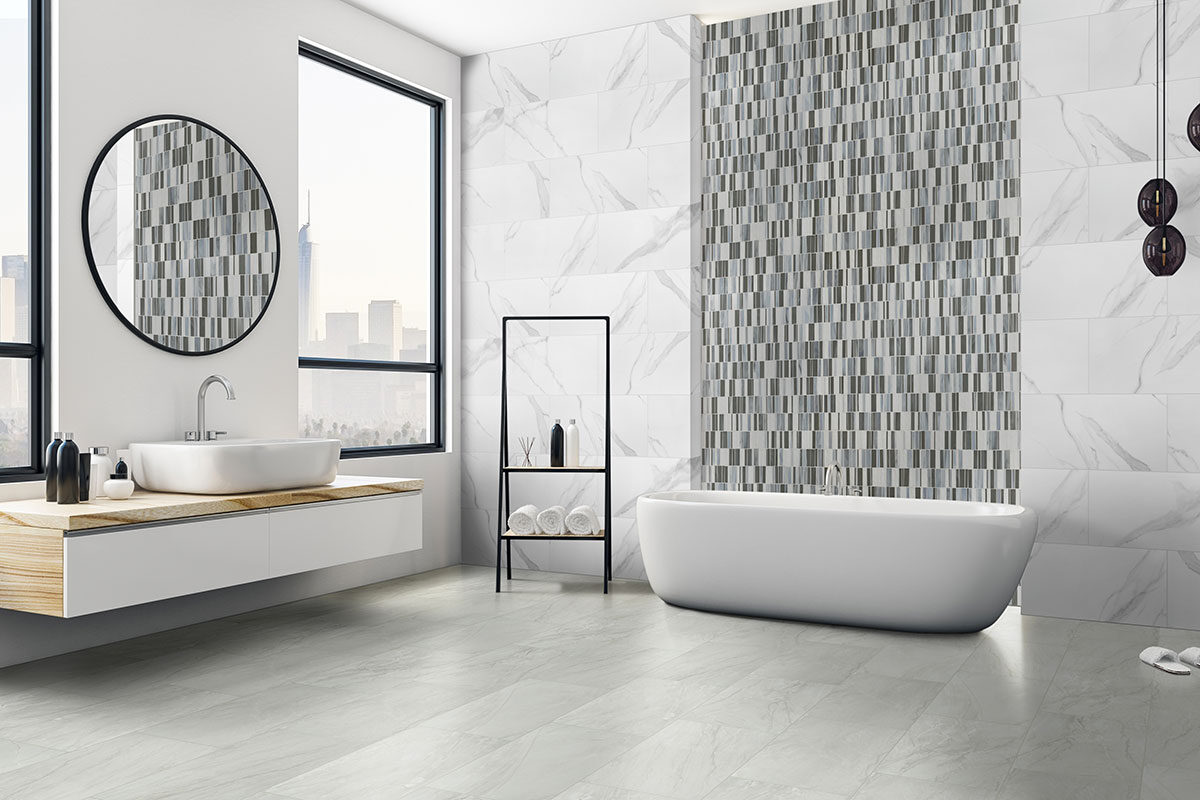 Dymo Statuary 12x24 Glossy Large Format Tile backsplash installed