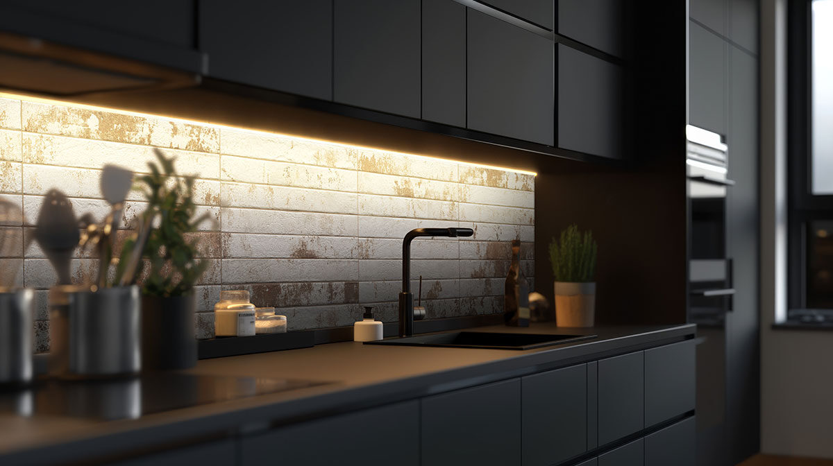 Brickstone Rustique White Brick 2x18 backsplash in a kitchen