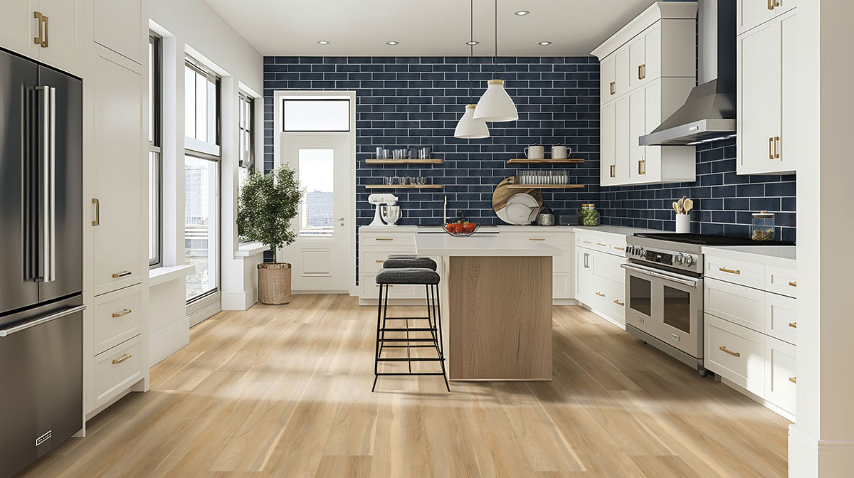Bay Blue Glazed Handcrafted 4x12 Tile backsplash in a kitchen