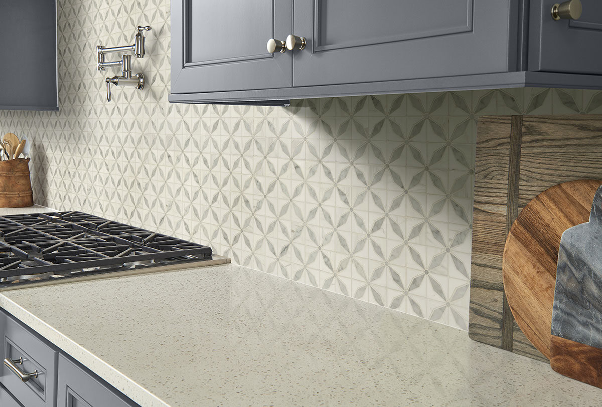 Bianco Starlite Polished Marble Mosaic Tile backsplash installed
