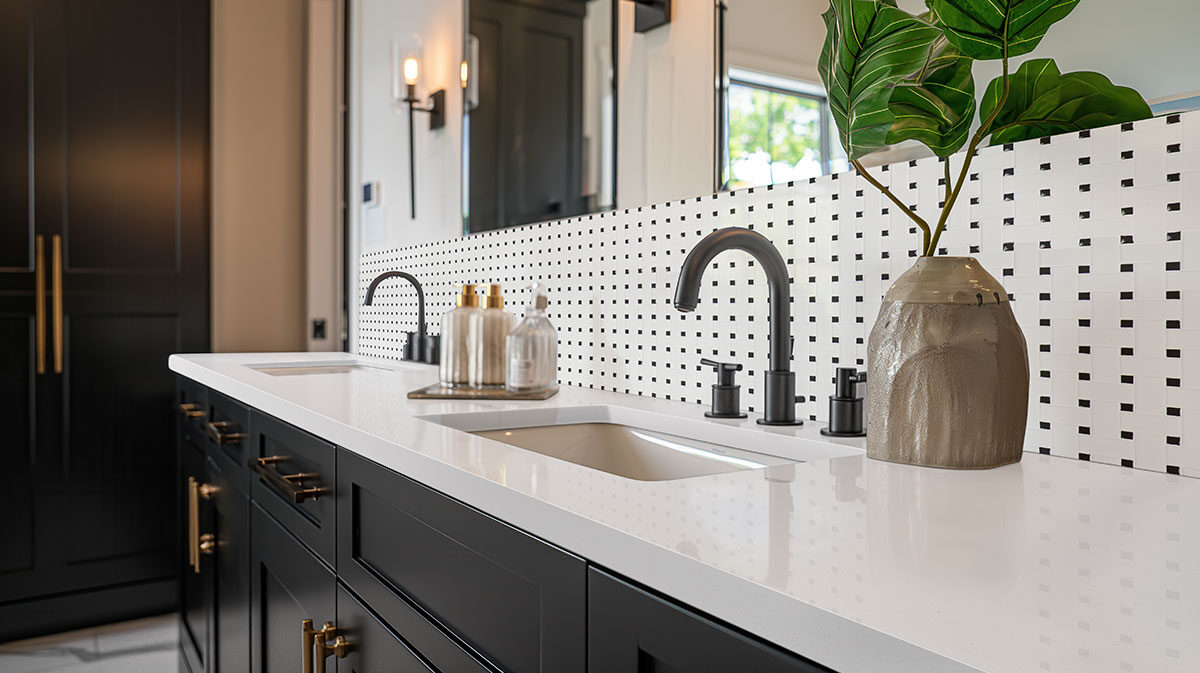 White And Black Matte Basket Weave Mosaic backsplash in a bathroom