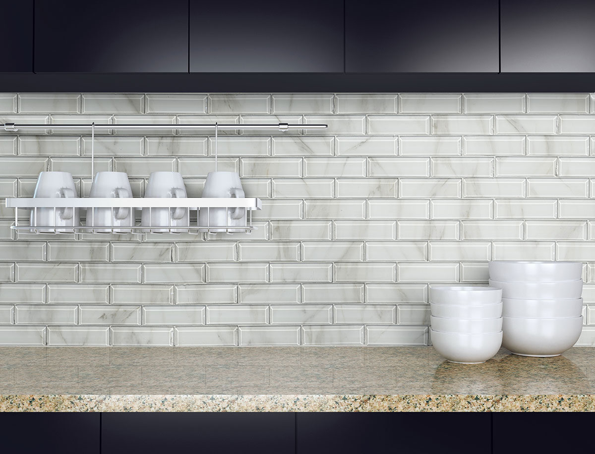 Ivory Amber Beveled Subway 8mm backsplash installed