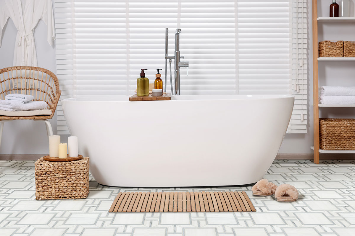 Bianco Dolomite Alana Polished backsplash in a bathroom — view 2