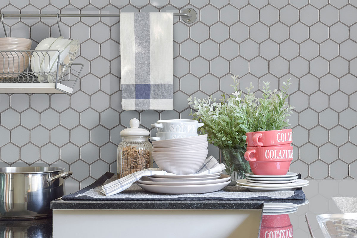 Retro Hexo Gray 6mm Matte backsplash installed