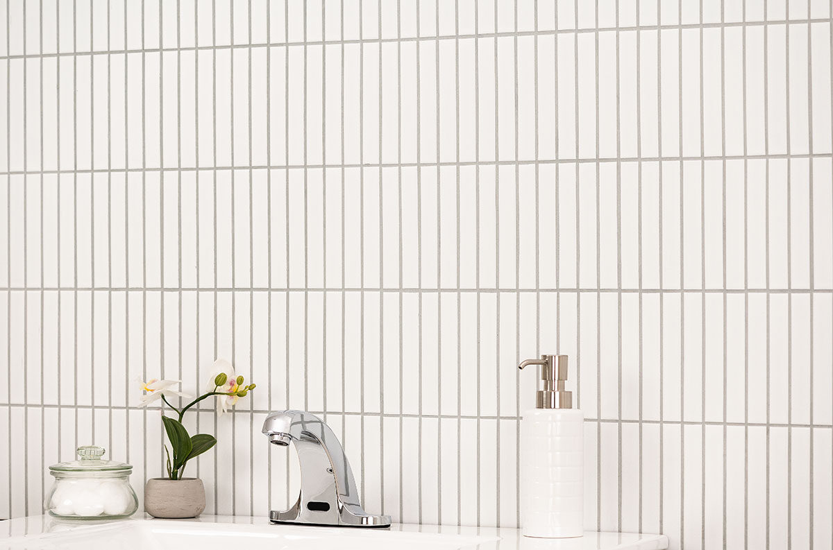 White Matte 1x6 Stack Pattern backsplash installed — view 3
