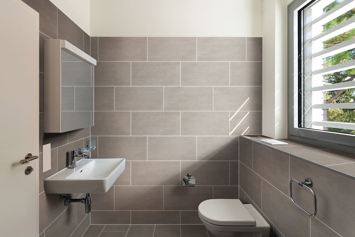 Gridscale Gris Ceramic Tile backsplash installed