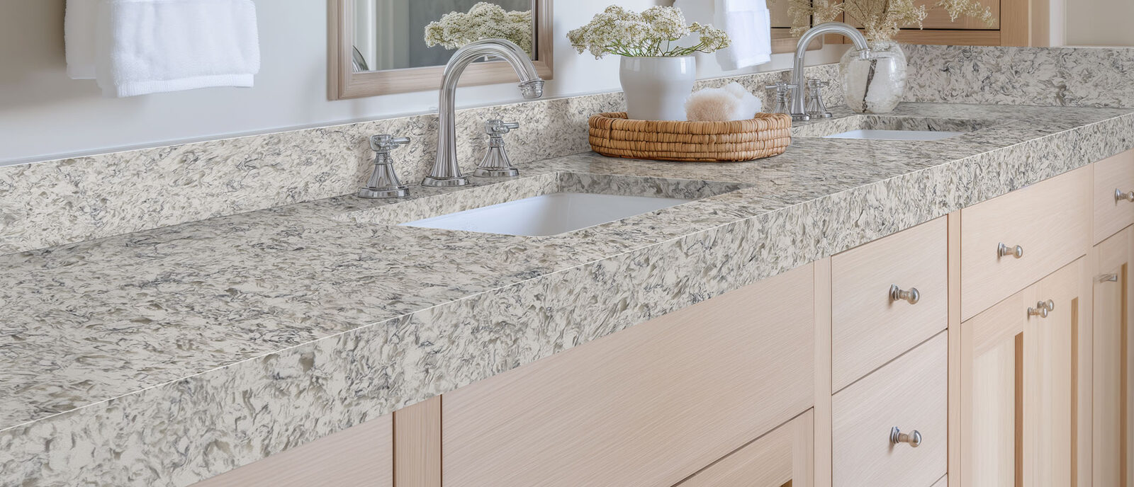 Montclair White Quartz countertop in a bathroom
