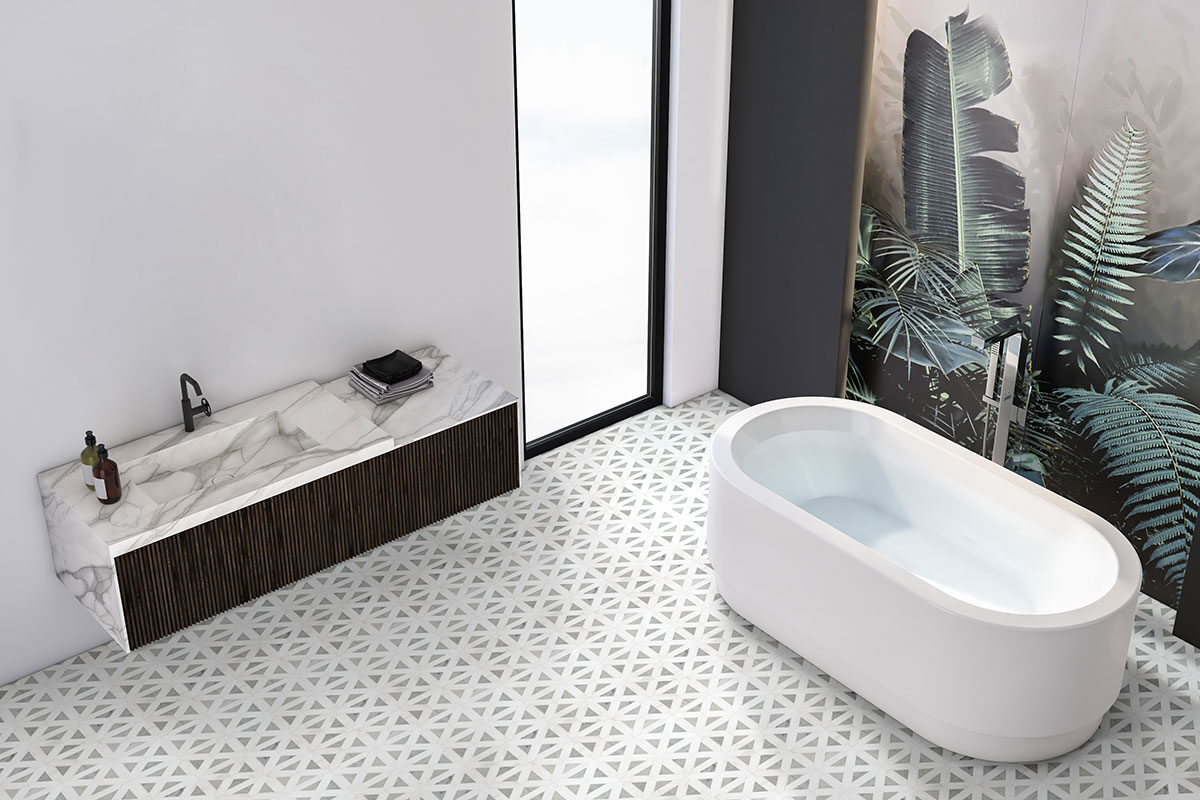 Bianco Dolomite Geometrica Polished Tile backsplash installed — view 2