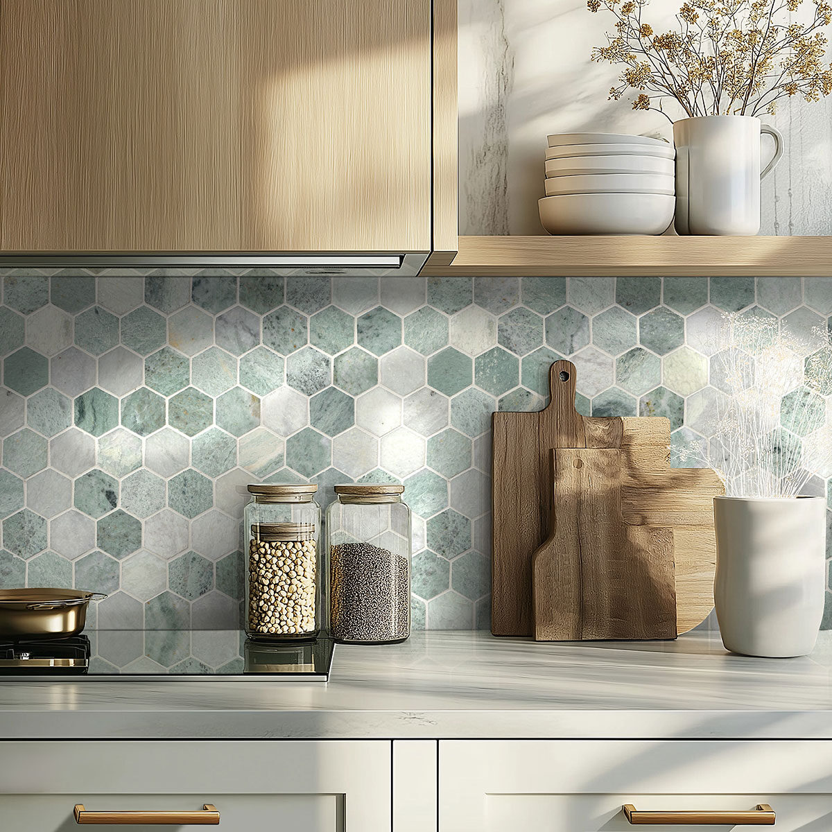 Icelandic Green 2" Hexagon Mosaic Tile backsplash in a kitchen