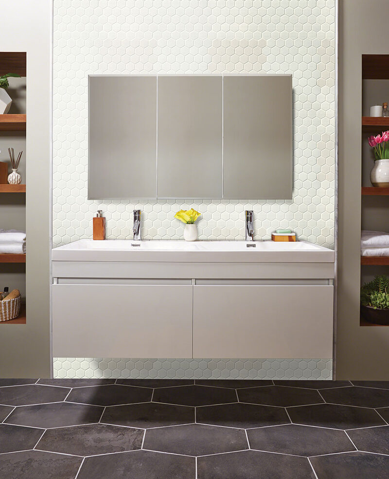White Glossy 2” Hexagon Mosaic Tile backsplash installed
