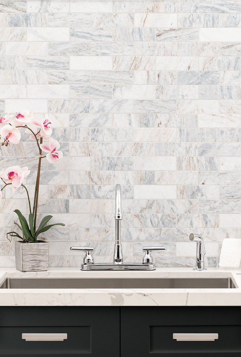 Capri Blue Honed Subway Tile 2x6 backsplash installed — view 3