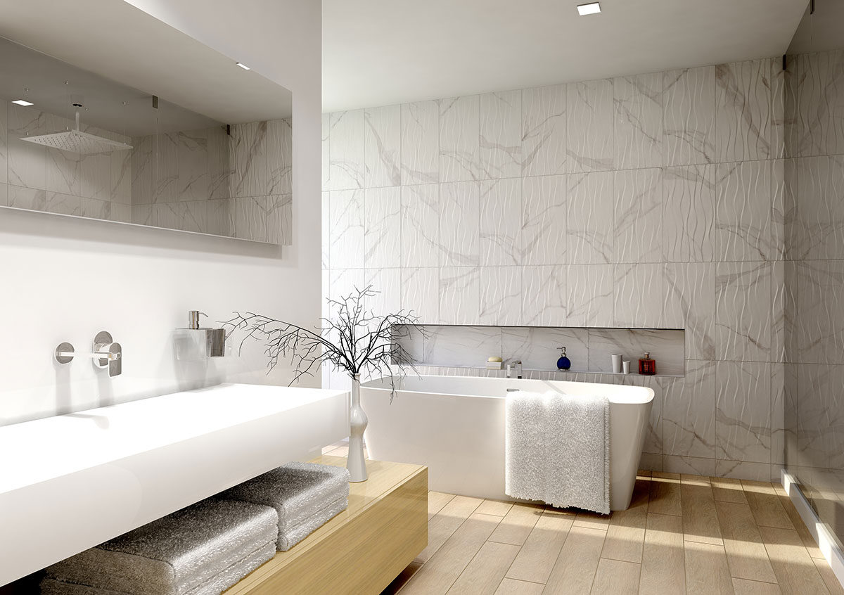 Dymo Statuary Wavy White 12x24 Glossy Large Format Tile backsplash installed