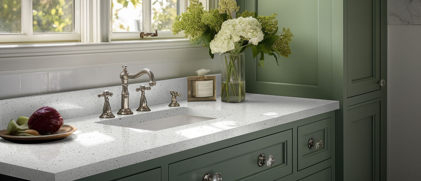 Sparkling White Quartz countertop in a bathroom