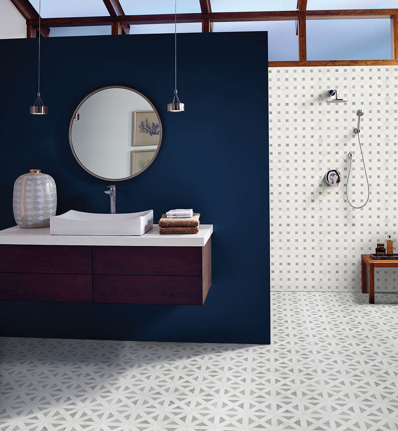 Bianco Dolomite Dotty Pattern Mosaic Tile backsplash installed — view 3