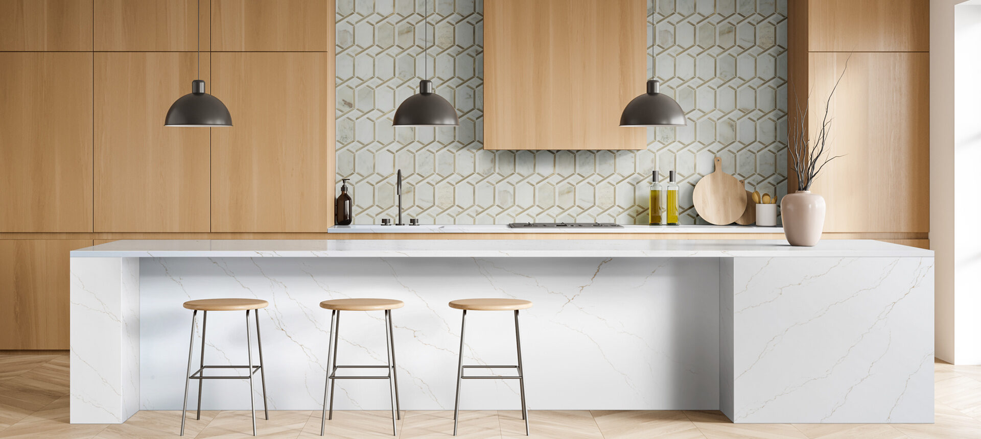 Undermount kitchen sink set into a quartz countertop