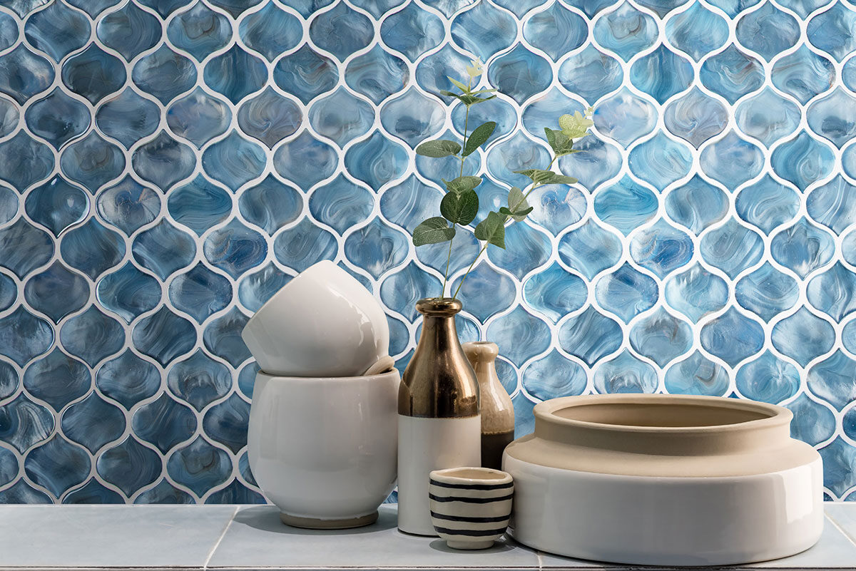 Blue Shimmer Arabesque Tile backsplash installed
