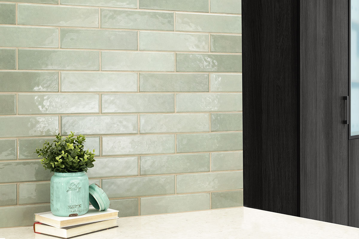 Renzo Jade 3x12 Wall Tile backsplash installed — view 3