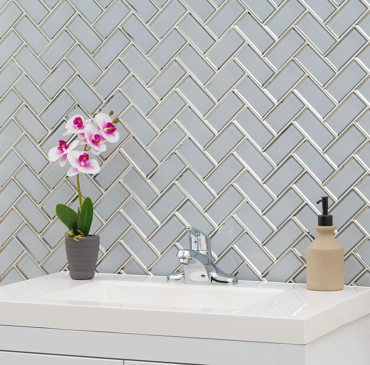 Ice Bevel Herringbone 8mm backsplash installed — view 2