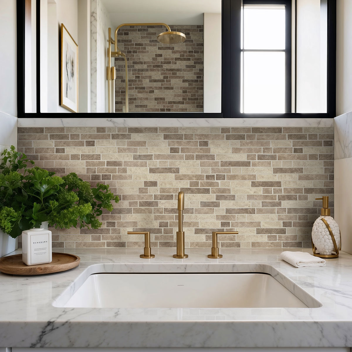 Sandhills Interlocking 6mm backsplash in a bathroom