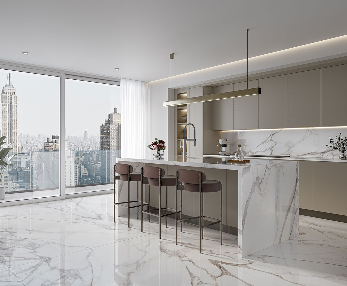 Calacatta Fiorella backsplash installed — view 2