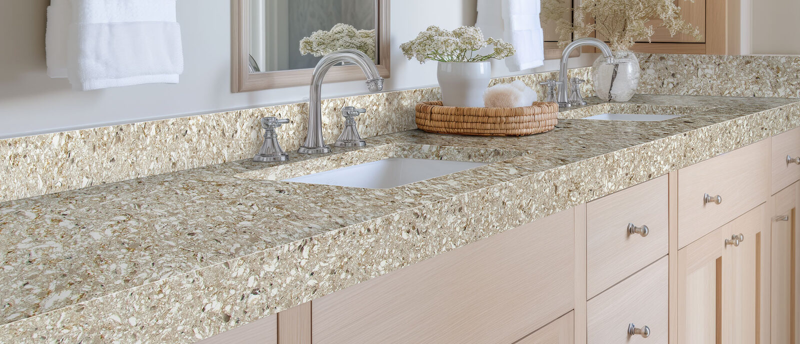 Chakra Beige Quartz countertop in a bathroom