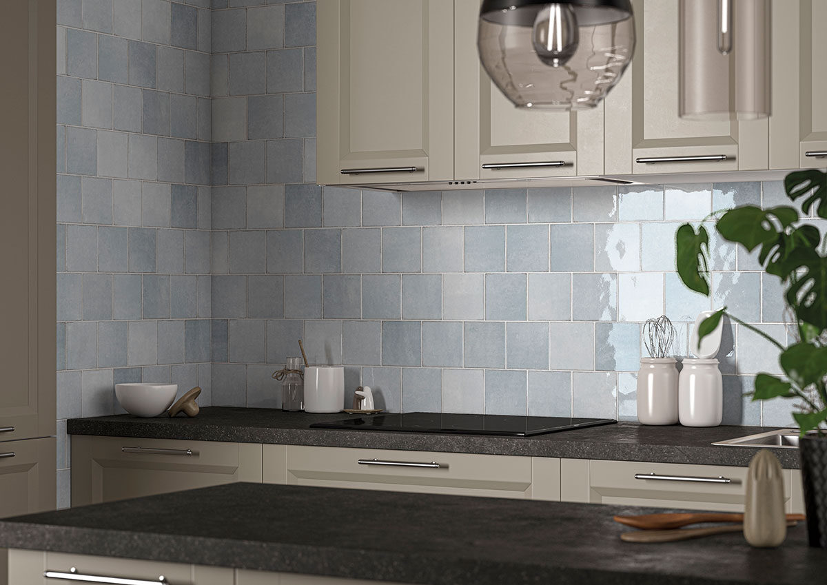 Renzo Sky 5x5 Wall Tile backsplash installed