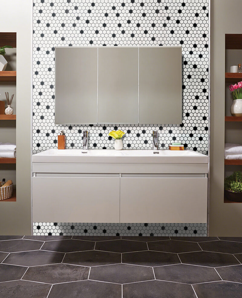 Black And White 1” Hexagon Mosaic Tile backsplash installed