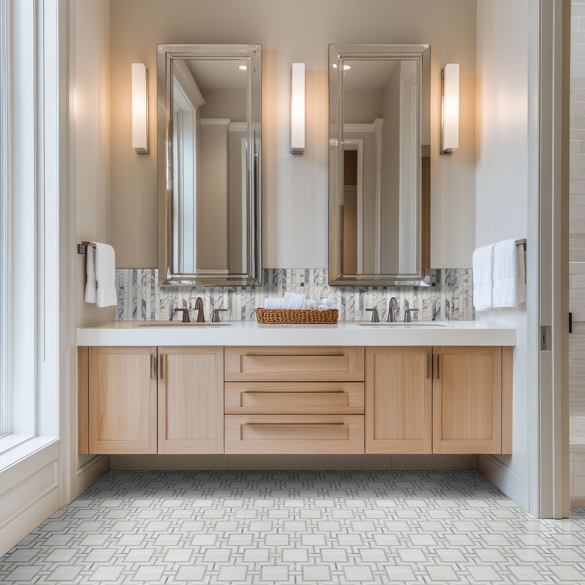 Bianco Dolomite Alana Polished backsplash in a bathroom